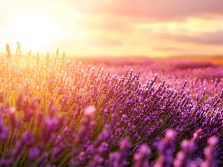 Fototapeta premium An endless field of lavender flowers glowing in warm sunrise