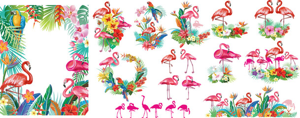 Tropical arrangements from flamingoes, flowers, leaves. Vector summer templates for party invitations, card, poster, banner, and other