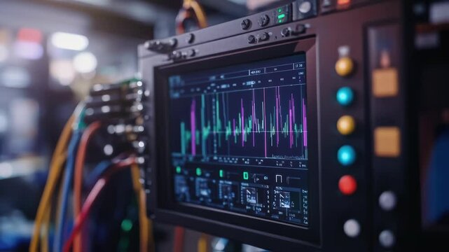 Sound level meter displays audio signal on a screen, indicating sound intensity and frequency levels, connected to a complex network of colorful cables in a professional studio environment