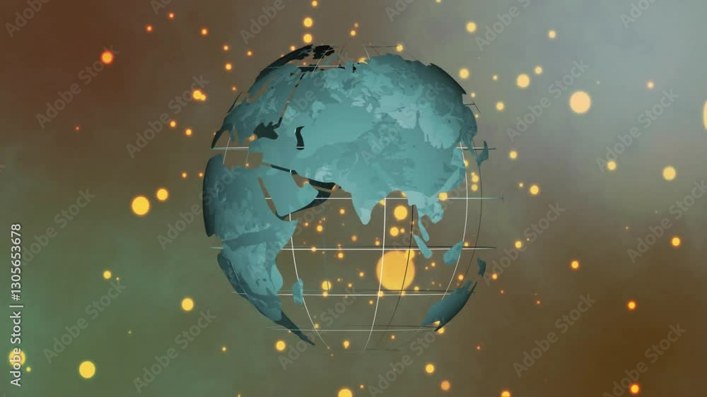 Poster animation of rotating globe with glowing particles and grid lines on background