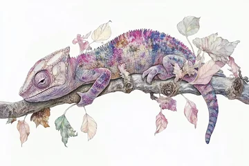 Fotobehang Transparent background with a chameleon on a tree branch © Vladimir