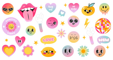 Groovy gradient spring vector stickers with playful emojis, retro smiley faces, hearts, flowers & positive vibes. Y2K-inspired pastel design with funky elements & feel-good messages.