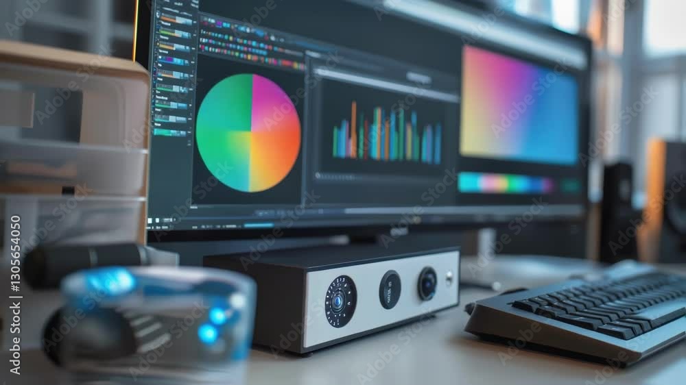 Poster workplace featuring a colorist's computer displaying complex color charts, graphs, and data analysis