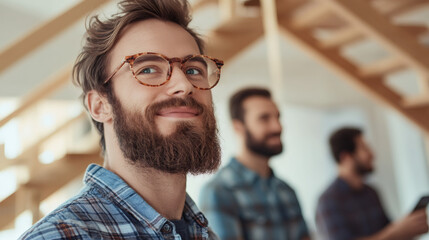Portrait of a smiling businessman wearing eyeglasses in a modern office with his colleagues out of focus in the background