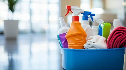 Cleaning supplies in a blue plastic bucket with towels