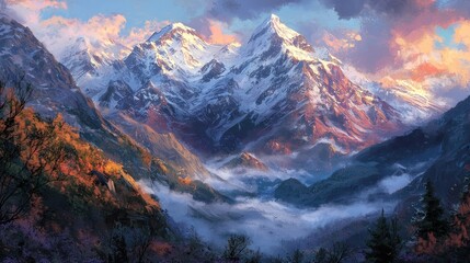 Obraz premium Majestic snow-capped mountains at sunset, mist-filled valley.