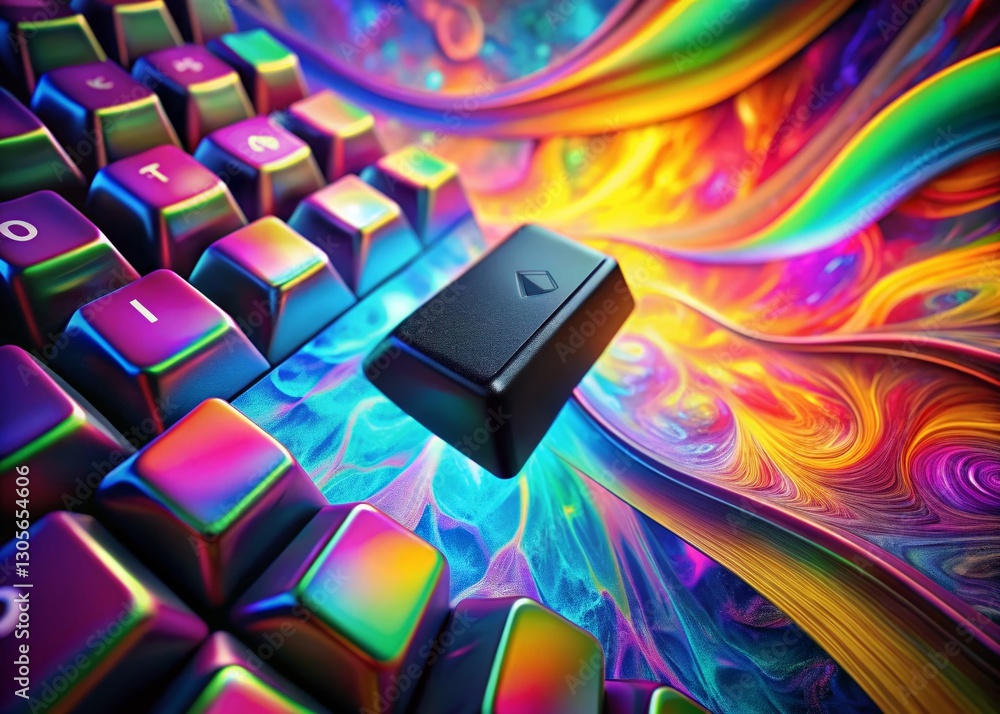 Aufkleber surreal black keyboard key with floating letters & right arrow - abstract digital art