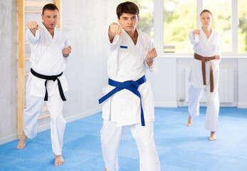 Kata karate teacher conducts classes and performs movements and fighting techniques together with...