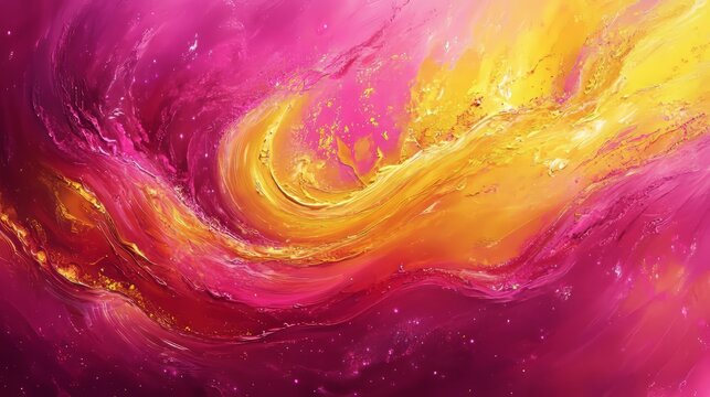 Bright fuchsia and electric yellow swirls, vibrant and dynamic with fluid glossy patterns