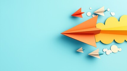 Colorful paper airplanes soaring against a bright blue background with whimsical clouds, symbolizing creativity and innovation in design