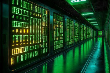 A long corridor featuring multiple computer server panels with screens