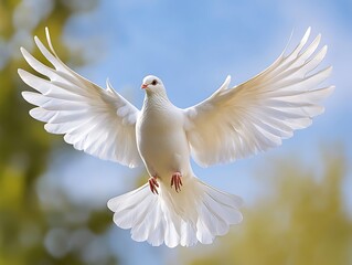 Obraz premium White dove soaring, wings spread, outdoor, spring