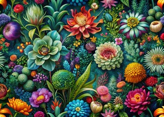 Fototapeta premium Surreal Garden Home Decor Pattern, Whimsical Botanical Print, Fantasy Floral Design