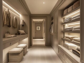 A luxurious hallway with a dressing room and storage space