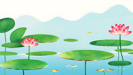 Lotus Flowers Blooming on Pond with Lily Pads and Mountain Backdrop
