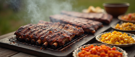 Delicious grilled ribs served with fresh sides at a summer gathering