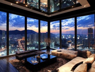 Fototapeta premium Luxurious modern living room with expansive city skyline views