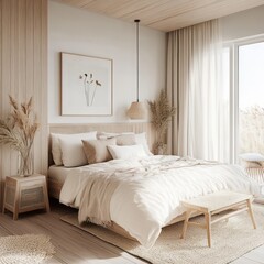 A beautifully decorated minimalist bedroom with natural calming elements
