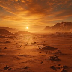 Barren desert landscape of Mars showcasing the Martian surface beneath a vibrant sunset on the red planet highlighting distant rocky formations and a unique extraterrestrial atmosphere