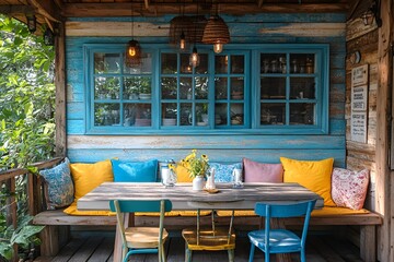 Rustic outdoor dining space with a blue wooden cabin, colorful pillows, and vintage lighting in a cozy setting

