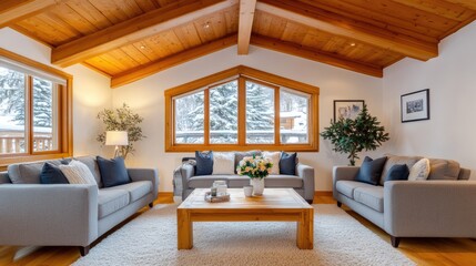 A cozy living area showcases a unique wooden coffee table and modern furnishings with large windows revealing breathtaking mountain views, creating a warm atmosphere