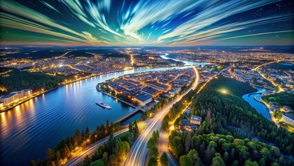 Sweden Borås Aerial Long Exposure Night Cityscape - 3D Render Travel Background