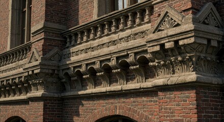 Obraz premium Historic brick facade with intricate stone detailing on classic building