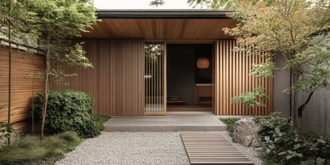 A modern minimalist house exterior with lush garden surrounds