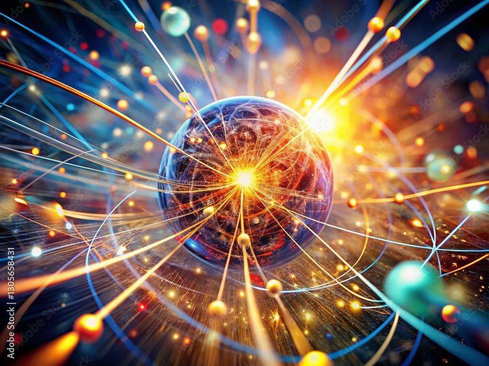 Poster tilt-shift particle collision: physics concept illustration with intricate lines and patterns