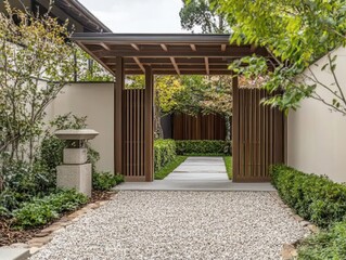 Naklejka premium A beautiful landscaped garden entrance with a wooden gate and path