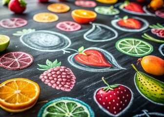 Tilt-Shift Photo: Hand-Drawn Fruit Illustrations on Chalkboard