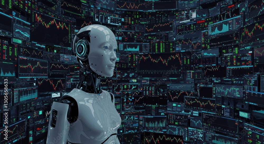 Poster futuristic robot analyzing financial data on digital screens in a high-tech environment