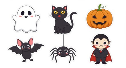 Cute halloween characters: ghost, cat, pumpkin, bat, spider, vampire stickers