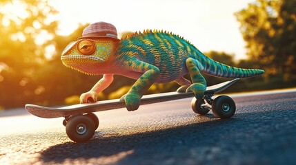 Dressed in flashy summer clothing, an anthropomorphic chameleon balances on a skateboard as it rolls down a descending asphalt road