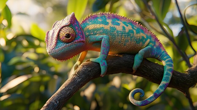 On a tree branch, a clever, cute chameleon changes its colors to match its surroundings, feeling secure and camouflaged in a pastel-colored 3D illustration