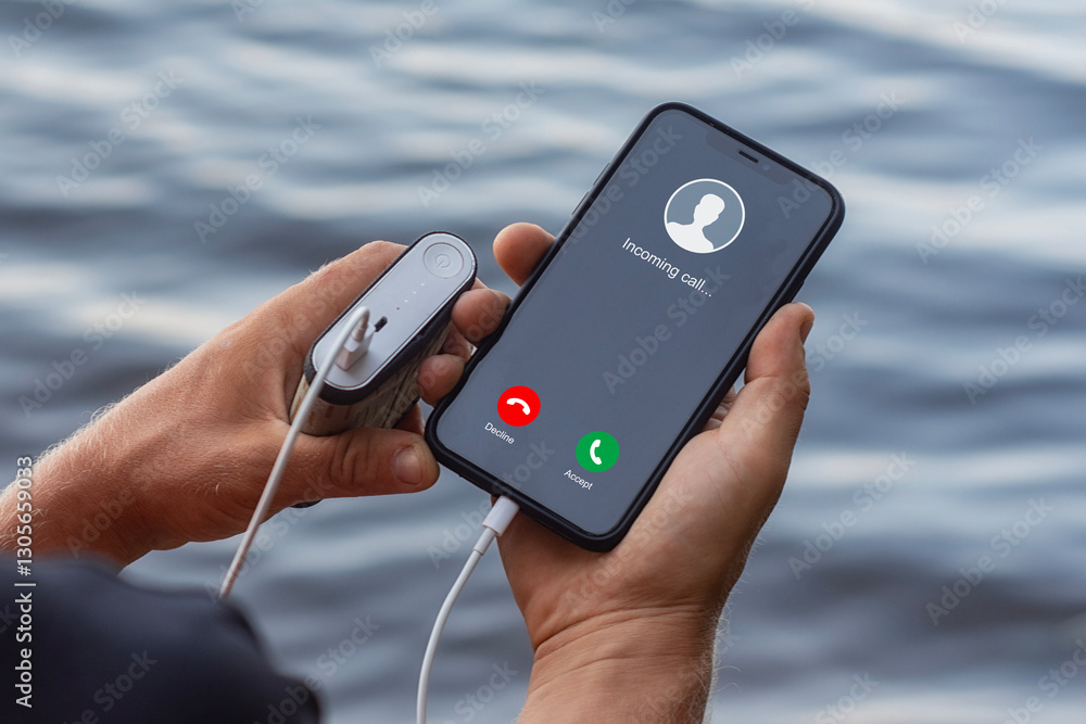 Poster a man holds a smartphone with an incoming call screen with reject and accept, buttons, charged from 