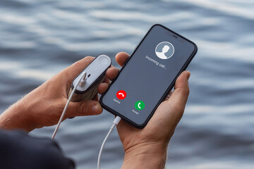 A man holds a smartphone with an incoming call screen with Reject and Accept, buttons, charged from...