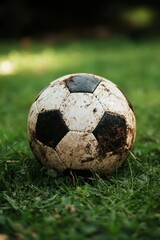 Soccer ball on grass lawn. Outdoor activity.