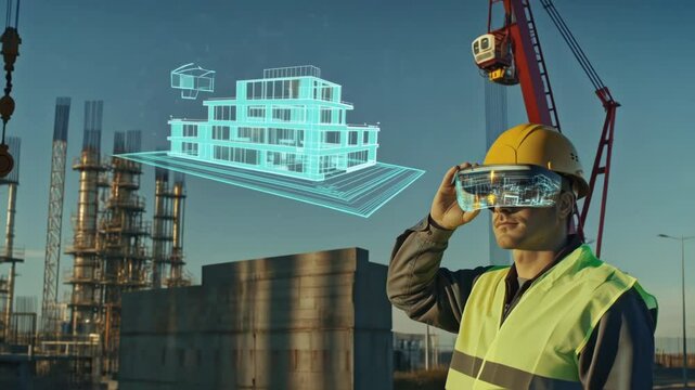 Professional construction engineer wearing ar goggles and hardhat visualizing 3d building model at construction site, demonstrating advanced technology integration