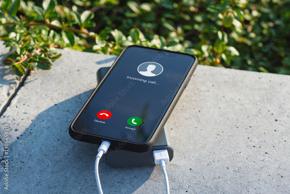 Poster smartphone with incoming call screen and reject and accept buttons, charges with a portable power po