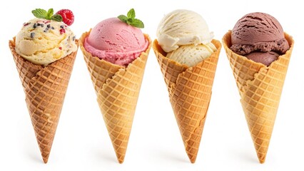 different sorts of ice cream scoop set on white or transparent png,ice cream with fruits,Different ice cream balls in waffle,Delicious strawberry ice cream with fresh berries and fruit