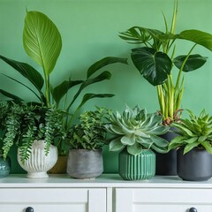 Fototapeta premium A collection of lush green houseplants in stylish ceramic pots against a vibrant green wall. Modern indoor plants adding a fresh and natural touch to home decor. Perfect for interior design.