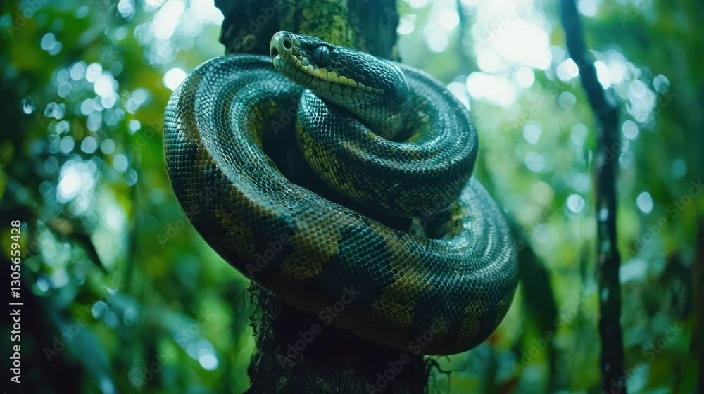 Poster green tree python coiled around a tree trunk in a lush rainforest.