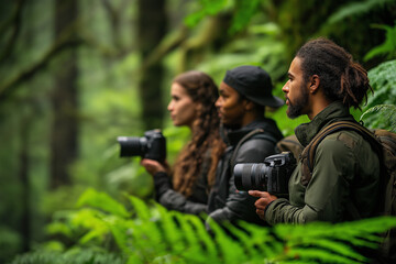 Nature's Observers: A diverse group of photographers captures the beauty of a lush forest. The image radiates a sense of adventure, highlighting the team's shared passion. 