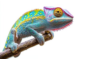 Naklejka premium Yellow and blue panther chameleon, standing out on a white background