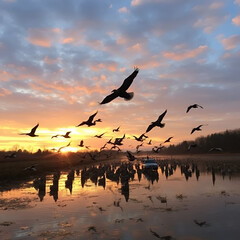 Fototapeta premium A spread of decoys at sunset