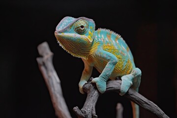 Fototapeta premium Black background featuring a stunning multicolored chameleon