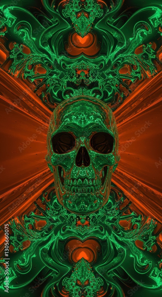 Poster neon green skull with intricate red patterns in abstract art design