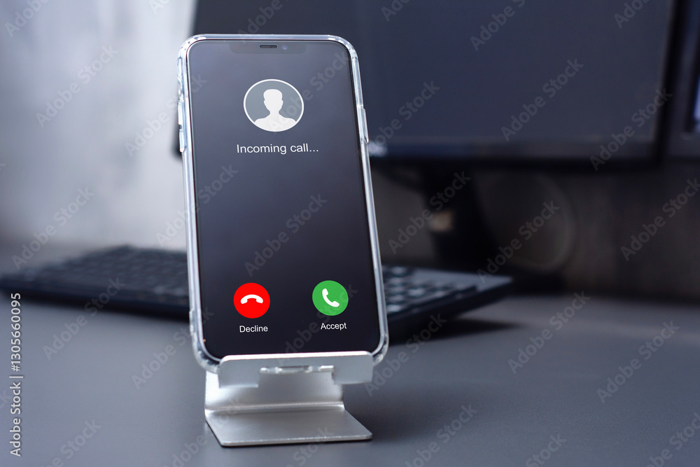 Poster smartphone with incoming call on desktop on computer background.