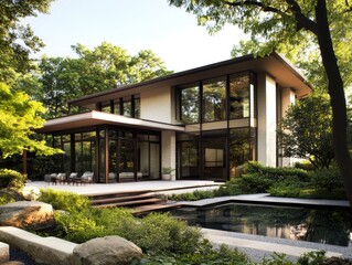 Fototapeta premium Modern luxury home surrounded by lush green trees and a small pond